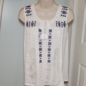 Lucky Brand White and Blue Embroidered Tassle Tank Top Size Medium